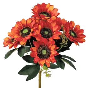   Kytica hodvábnych kvetov Slnečnica, 9 hláv, výška 40cm, priemer hlavy kvetu: 8cm - Tmavooranžová