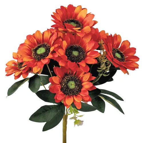 Kytica hodvábnych kvetov Slnečnica, 9 hláv, výška 40cm, priemer hlavy kvetu: 8cm - Tmavooranžová