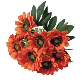   Kytica hodvábnych kvetov Slnečnica, 9 hláv, výška 40cm, priemer hlavy kvetu: 8cm - Tmavooranžová