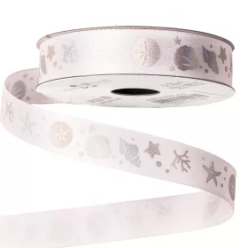 Saténová stuha s mušľovým motívom 16mm x 6.4m - Biela