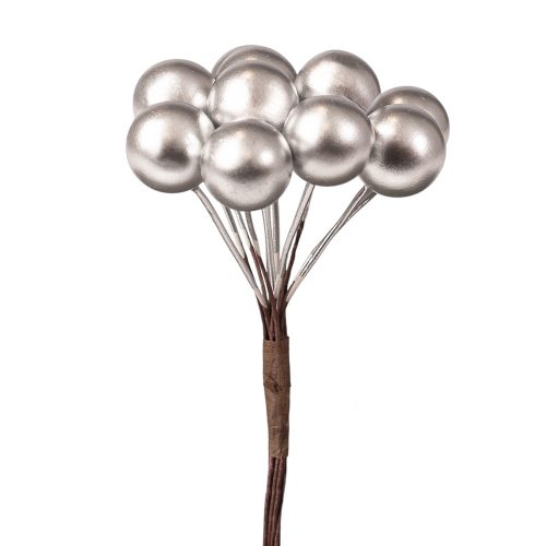 Bobuľový dekoračný pick, 12 stoniek, 10cm vysoký - Strieborný