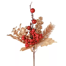   Dekoračný pick so zlatými listami a červenými bobuľami, 24cm vysoký