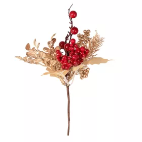   Dekoračný pick so zlatými listami a červenými bobuľami, 24cm vysoký