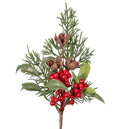 Červený bobuľový dekoračný pick s borovicovou vetvou a šiškami, 20cm vysoký