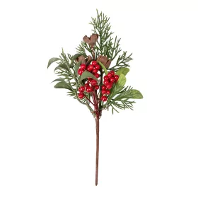   Červený bobuľový dekoračný pick s borovicovou vetvou a šiškami, 20cm vysoký