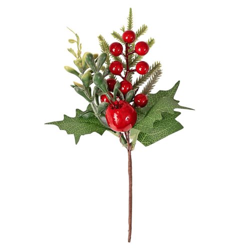 Červený bobuľový dekoračný pick s listami a borovicovými vetvičkami, 21cm vysoký