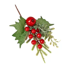   Červený bobuľový dekoračný pick s listami a borovicovými vetvičkami, 21cm vysoký