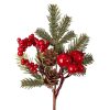 Červený bobuľový dekoračný pick s borovicovými vetvičkami a šiškami, 24cm vysoký
