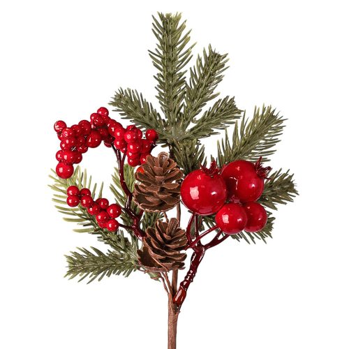 Červený bobuľový dekoračný pick s borovicovými vetvičkami a šiškami, 24cm vysoký