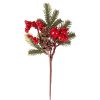 Červený bobuľový dekoračný pick s borovicovými vetvičkami a šiškami, 24cm vysoký