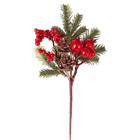   Červený bobuľový dekoračný pick s borovicovými vetvičkami a šiškami, 24cm vysoký