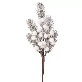  Biely bobuľový dekoračný pick so zasneženou borovicovou vetvou, 27cm vysoký