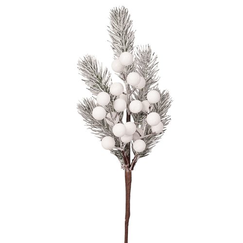 Biely bobuľový dekoračný pick so zasneženou borovicovou vetvou, 27cm vysoký