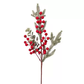   Zimná dekoratívna vetva s červenými bobuľami, borovicou a eukalyptovými listami, 49 cm vysoká