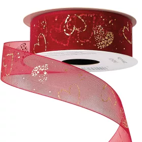   Organzová stuha so zlatými srdiečkami 25mm x 10m - Červená