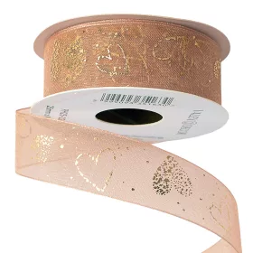   Organzová stuha so zlatými srdiečkami 25mm x 10m - Púdrová béžová