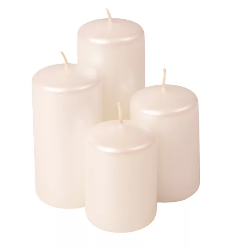 Stupňovitá adventná sada valcových sviečok, Ø50 x 70/80/100/120mm - Metalická perleťová biela