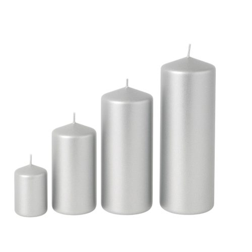 Adventná súprava valcových sviečok v stupňovitom tvare, Ø50 x 70/80/100/120mm – Metalická strieborná