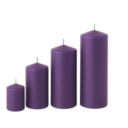 Adventná súprava valcových sviečok v stupňovitom tvare, Ø50 x 70/80/100/120mm – Matná fialová