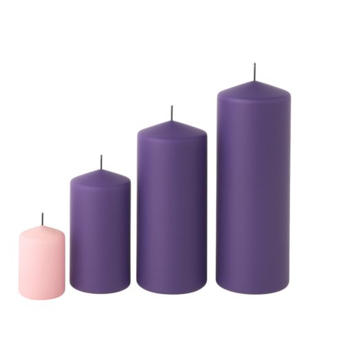 Adventná súprava valcových sviečok v stupňovitom tvare, Ø50 x 70/80/100/120mm – Matné 3 fialové, 1 ružová
