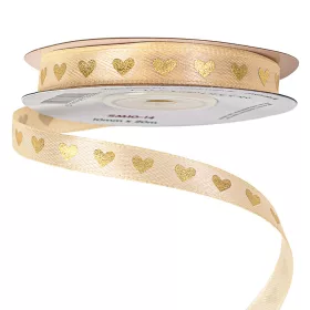   Saténová stuha so zlatými srdiečkami 10mm x 20m - Krémová