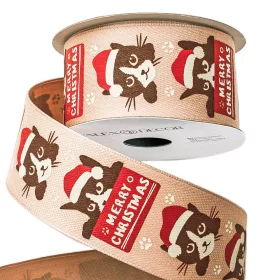   Vianočná stuha s motívom mačky, nápisom "Merry Christmas" a drôtovým lemom 38mm x 6.4m  